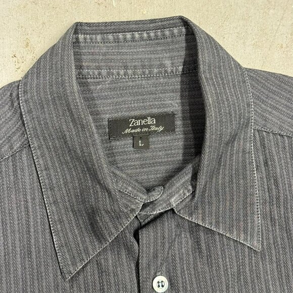 Zanella Dress Shirt Made in Italy Herringbone Black Cotton Large - Picture 6 of 9